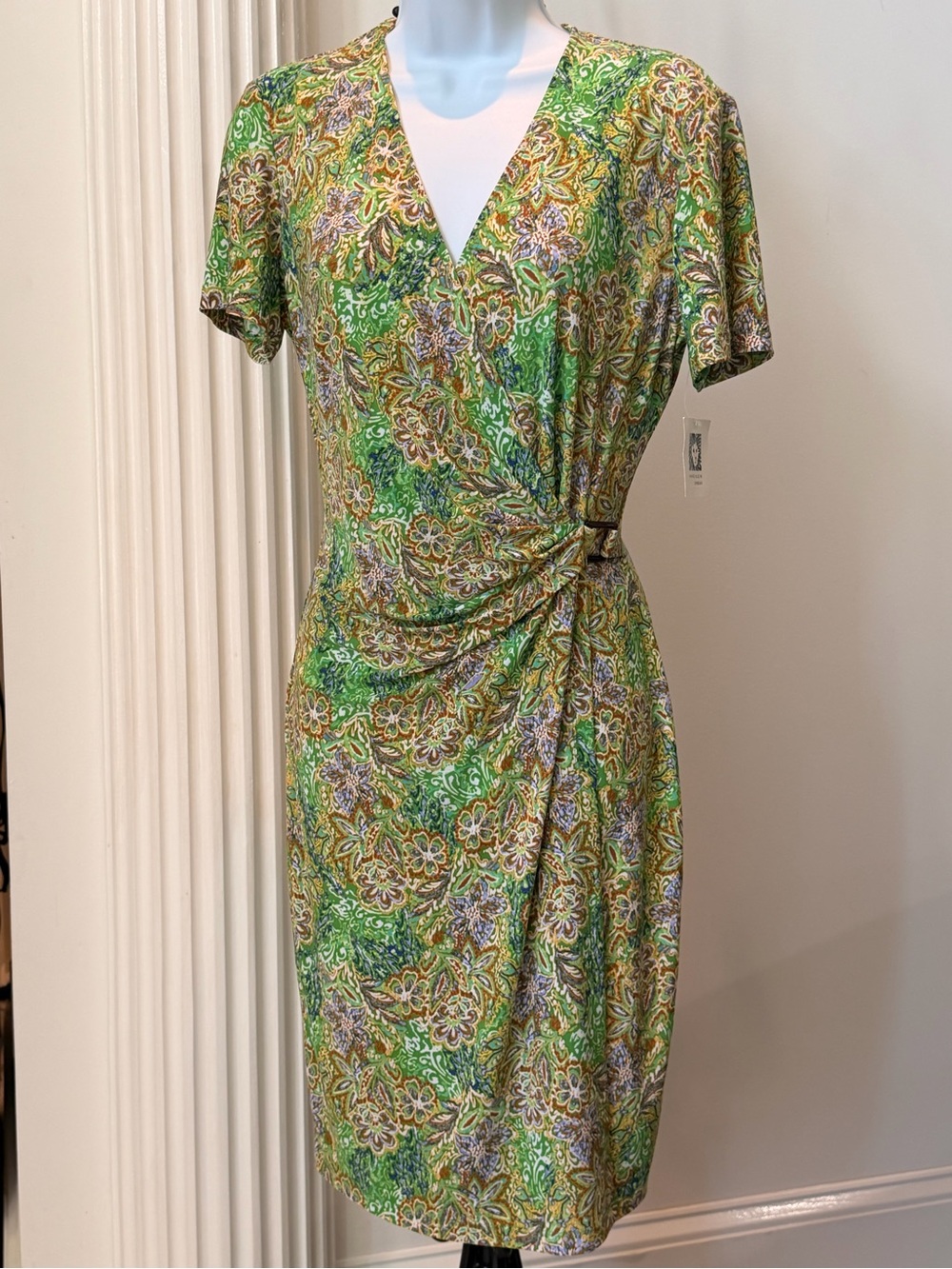 Anne Klein Green Floral Knot-Side Wrap Dress Sz 8